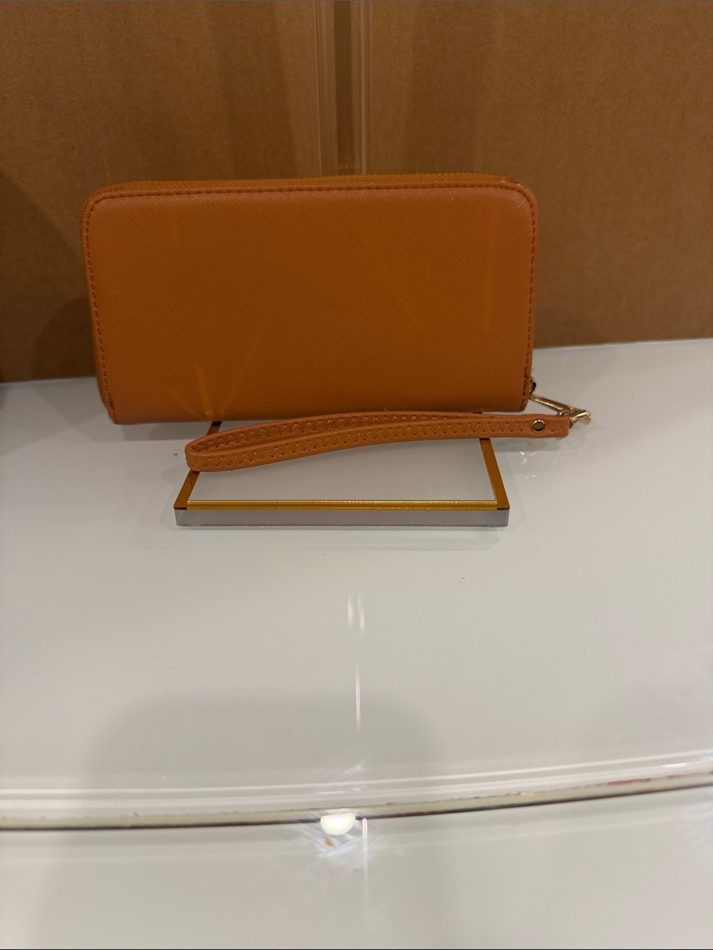 Tory Burch Caramel Tan Wristlet with Gold Logo Medallion - Picture 6 of 8